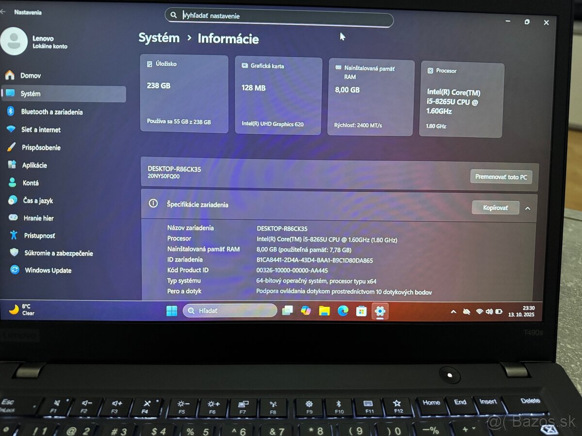 Dotykový Lenovo ThinkPad T490s – 14” FHD, i5, SSD, Win11 - 5