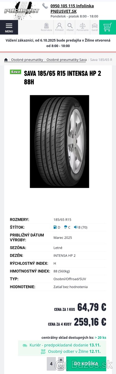 4ks NOVÉ letné 185/65 r15 88H SAVA, DOT2025 - 5