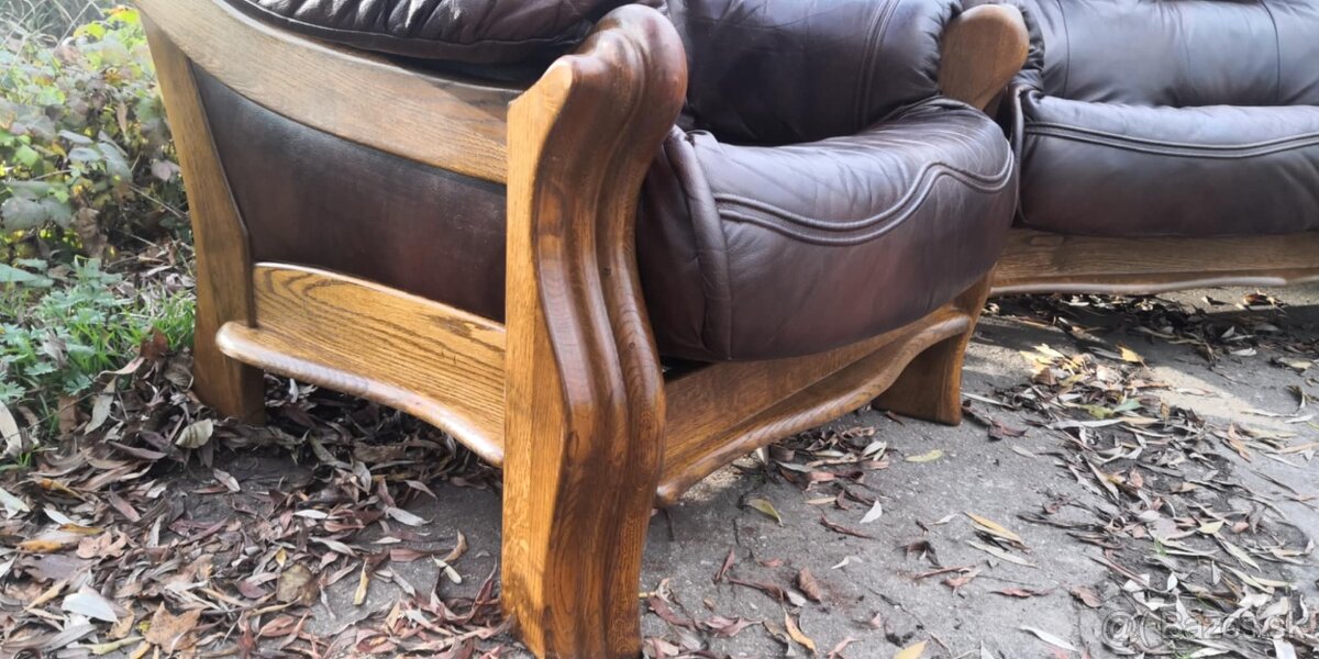 Kožená sedacia súprava 3+1+1 s masívnym dubivým drevom - 5