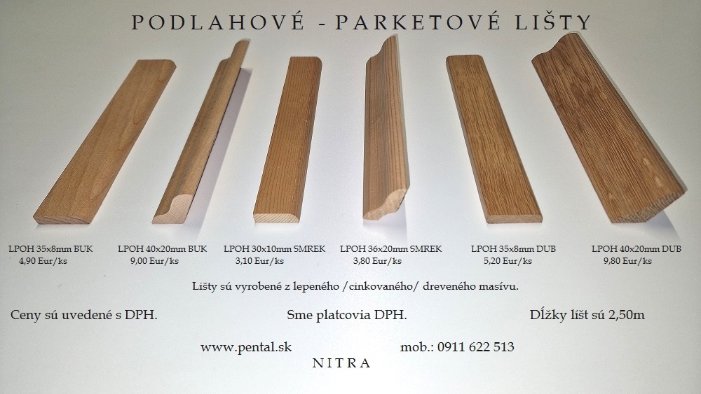 Drevené lišty, Parketové dubové lišty, Podlahové lišty, D1 - 5