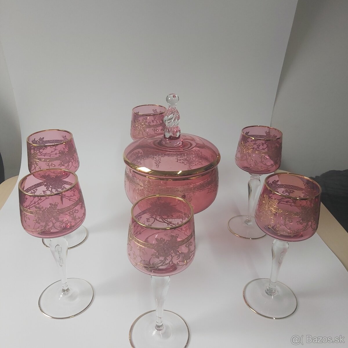 Ruby Royal 6x pohár+bonboniera z ružového skla gravírované - 5