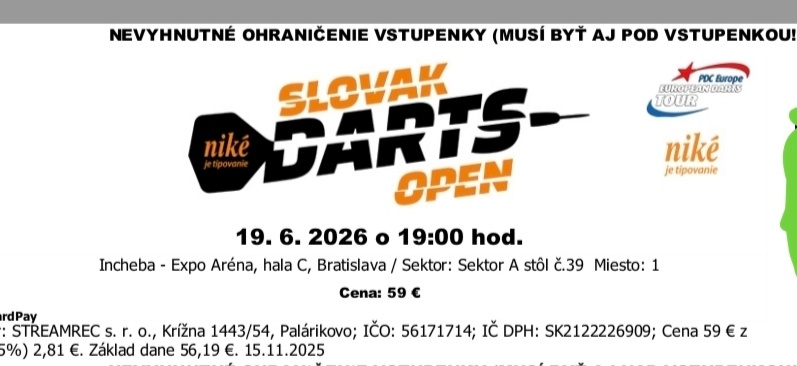 Slovak Darts Open - predám 2 lístky Sektor A - 5