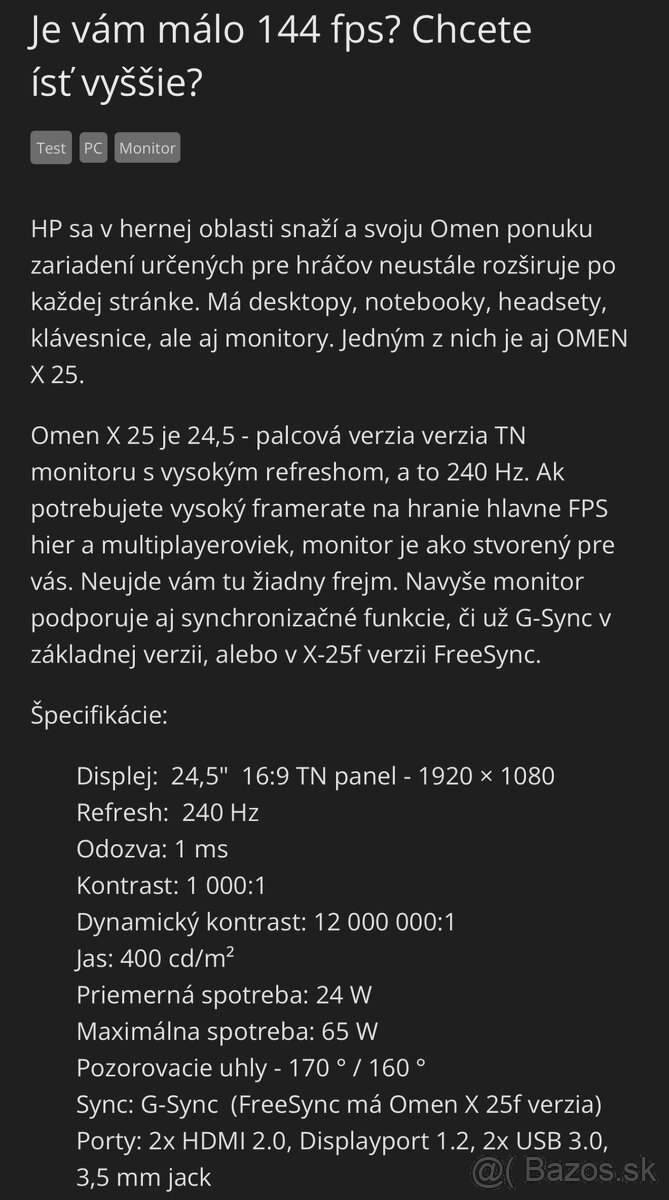 HP OMEN X 25 Gaming Display 240hz - nový - 5
