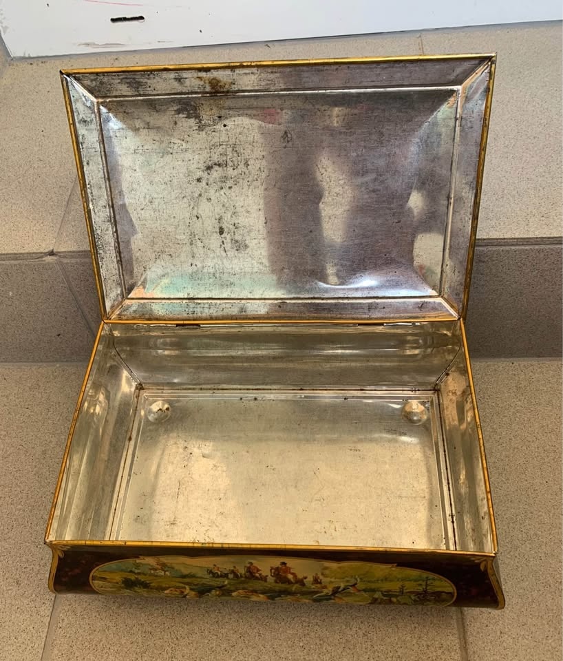 Starožitná plechová krabička poľovnícky motív - 5