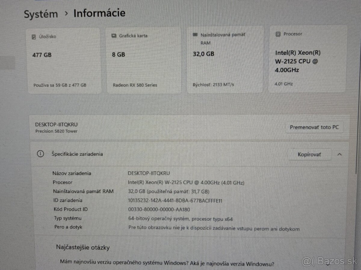 #122 Dell 5820/Xeon E2125/32GB DDR4/RX580 8GB/W11 - 5