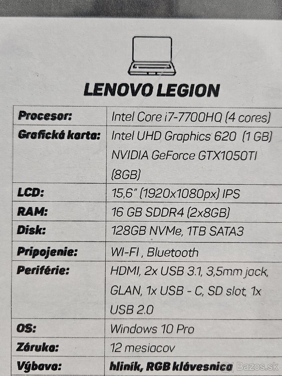 Predám herný notebook LENOVO LEGION Intel Core-i7 - 5