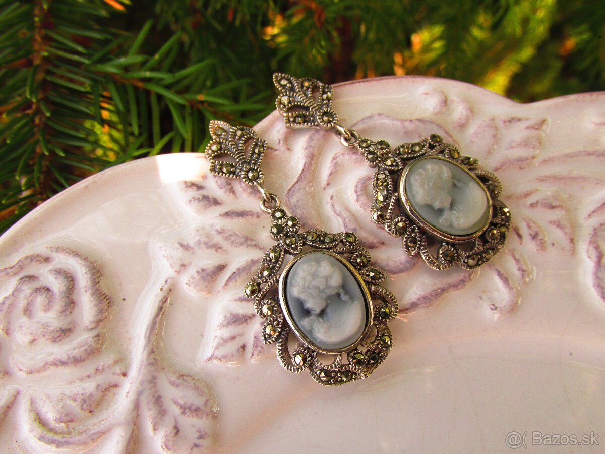 Strieborné náušnice s markazitmi a kameou, Ag 925 - 5