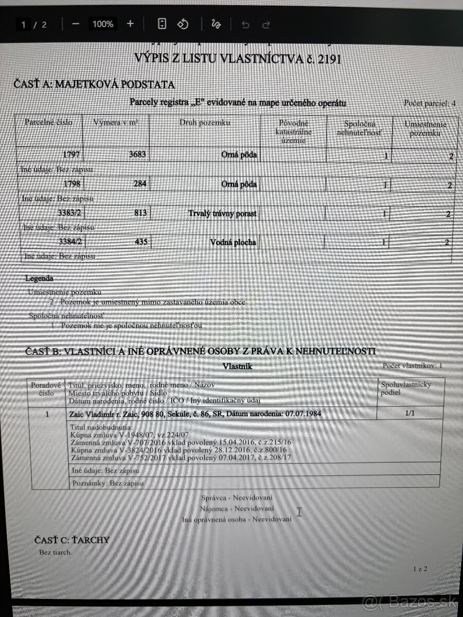 PREDAJ POZEMKOV -k.u. Sekule (LV č.2191 - 5