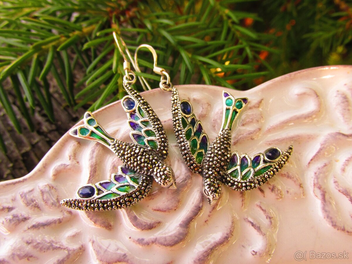 Strieborné náušnice osádzané markazitmi a smaltom, Ag 925 - 5