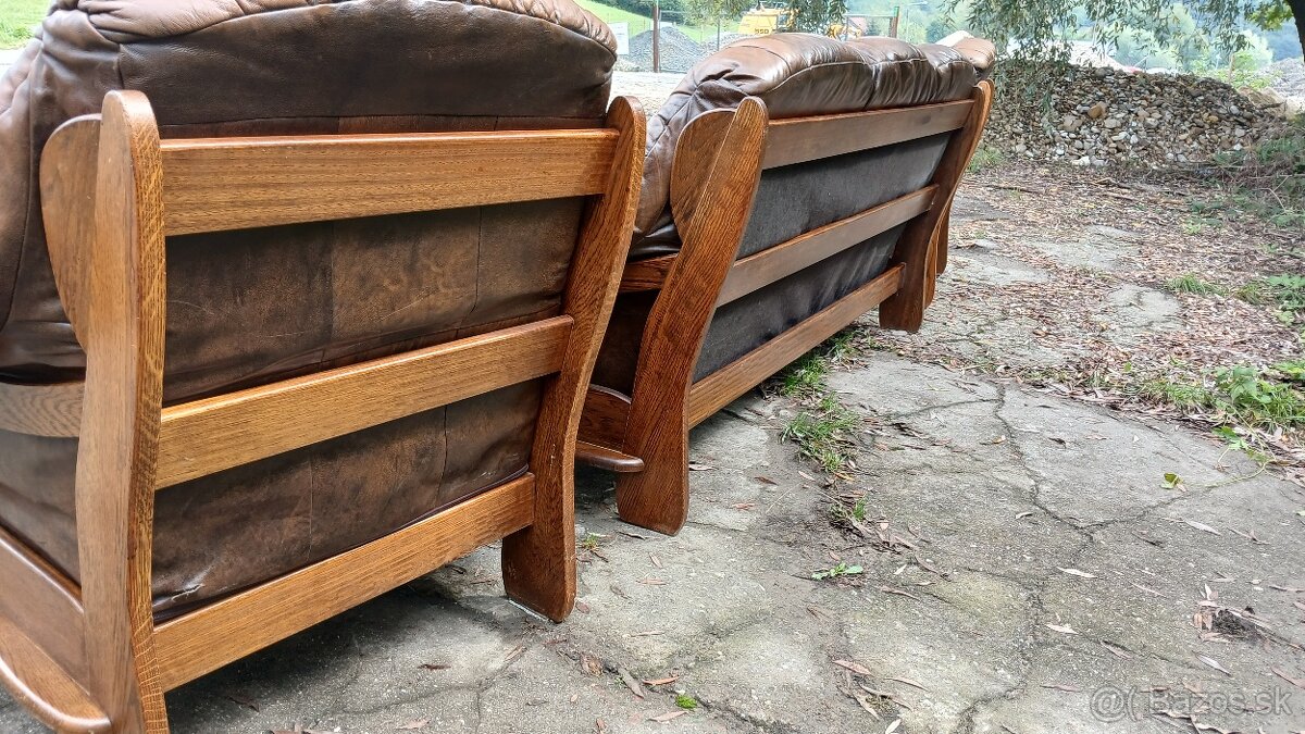 Kožená sedací souprava 3+1+1 s masivním dřevem - 5