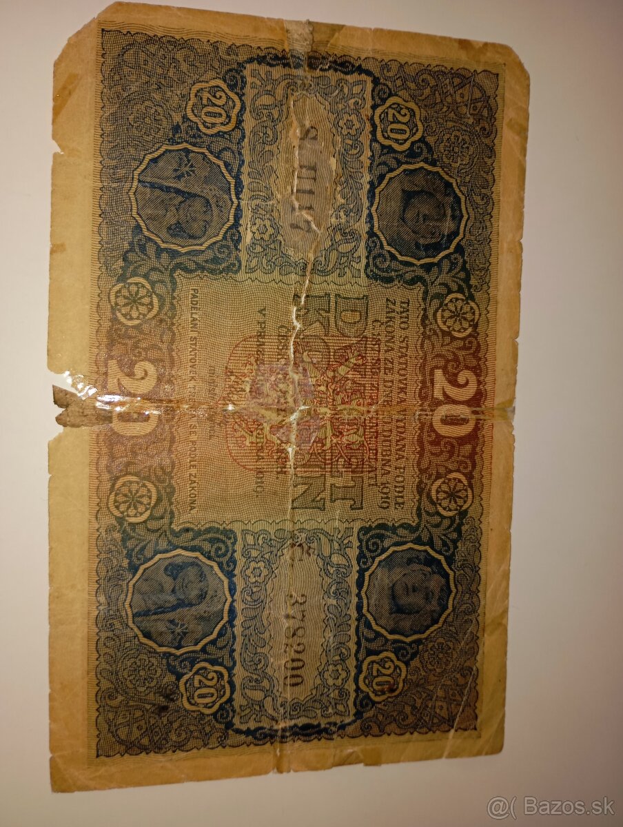 BANKOVKA 20 KČ 1919, VZÁCNÁ SÉRIE U, NEPERFOROVANÁ - 5