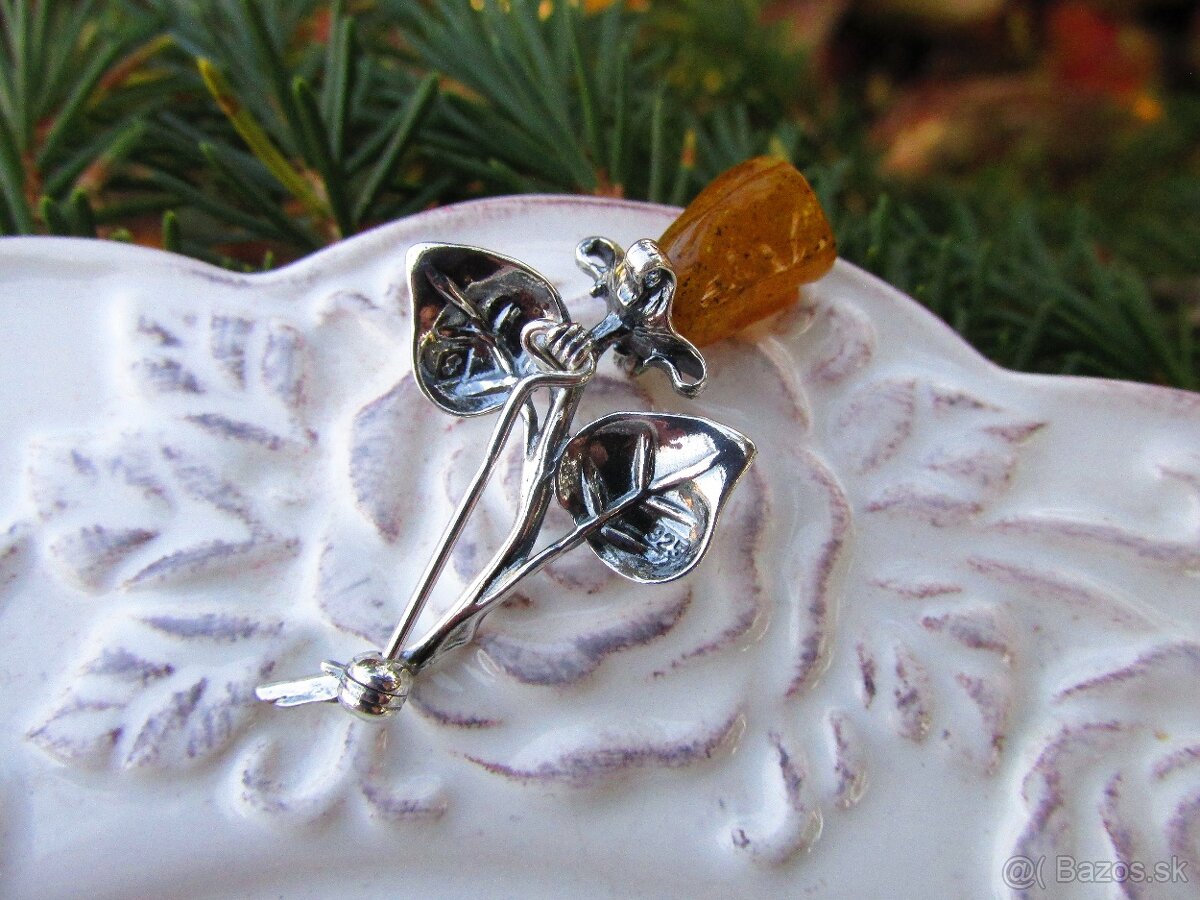 Strieborná brošňa Ruža osádzaná Jantárom, Ag 925 - 5