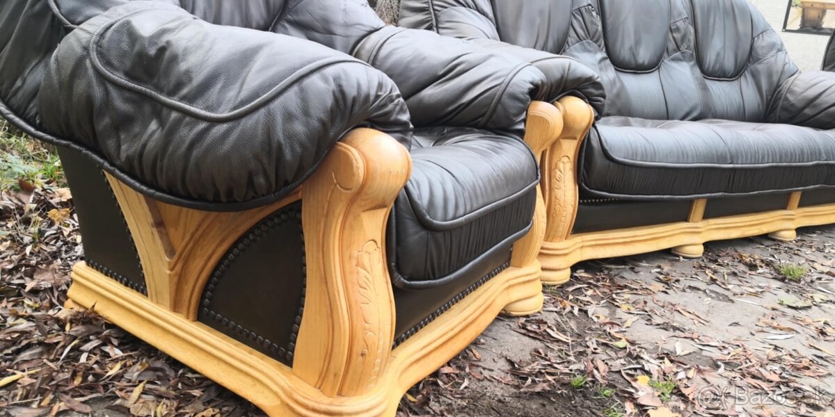 Kožená sedacia súprava 3+1+1 s masivným dubovým drevom - 5