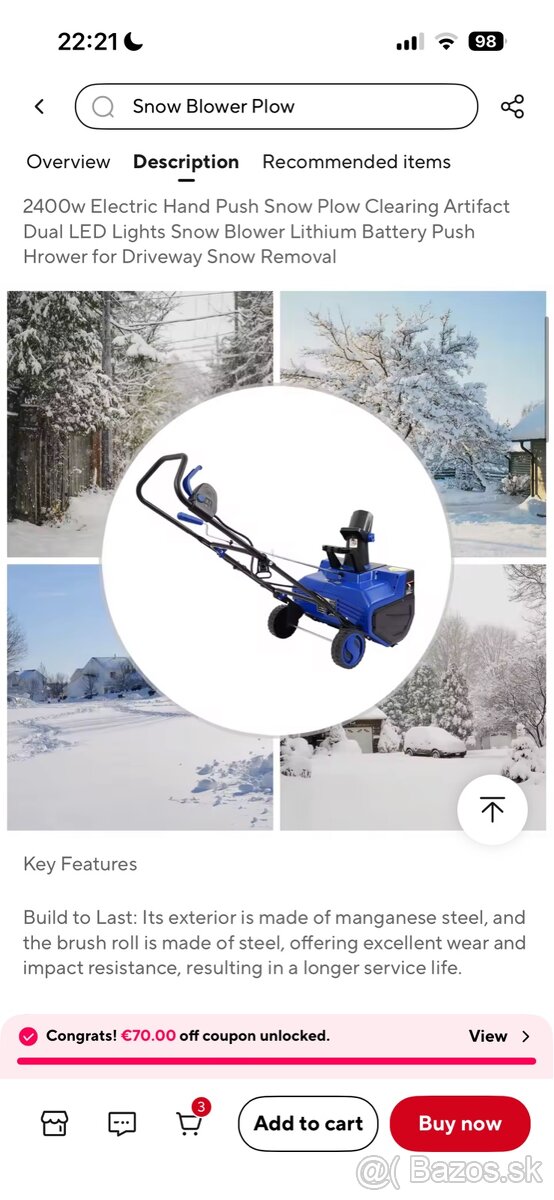 Nová elektrická snehová fréza 2400W – silná, ľahká - 5