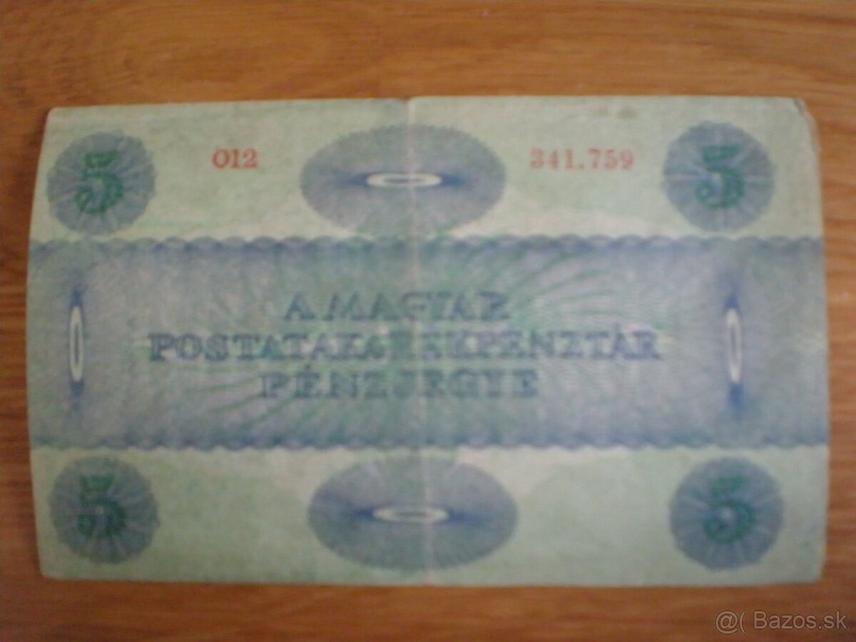 Bankovky 20 korún z roku 1913; 5 korún z roku 1919 - 5