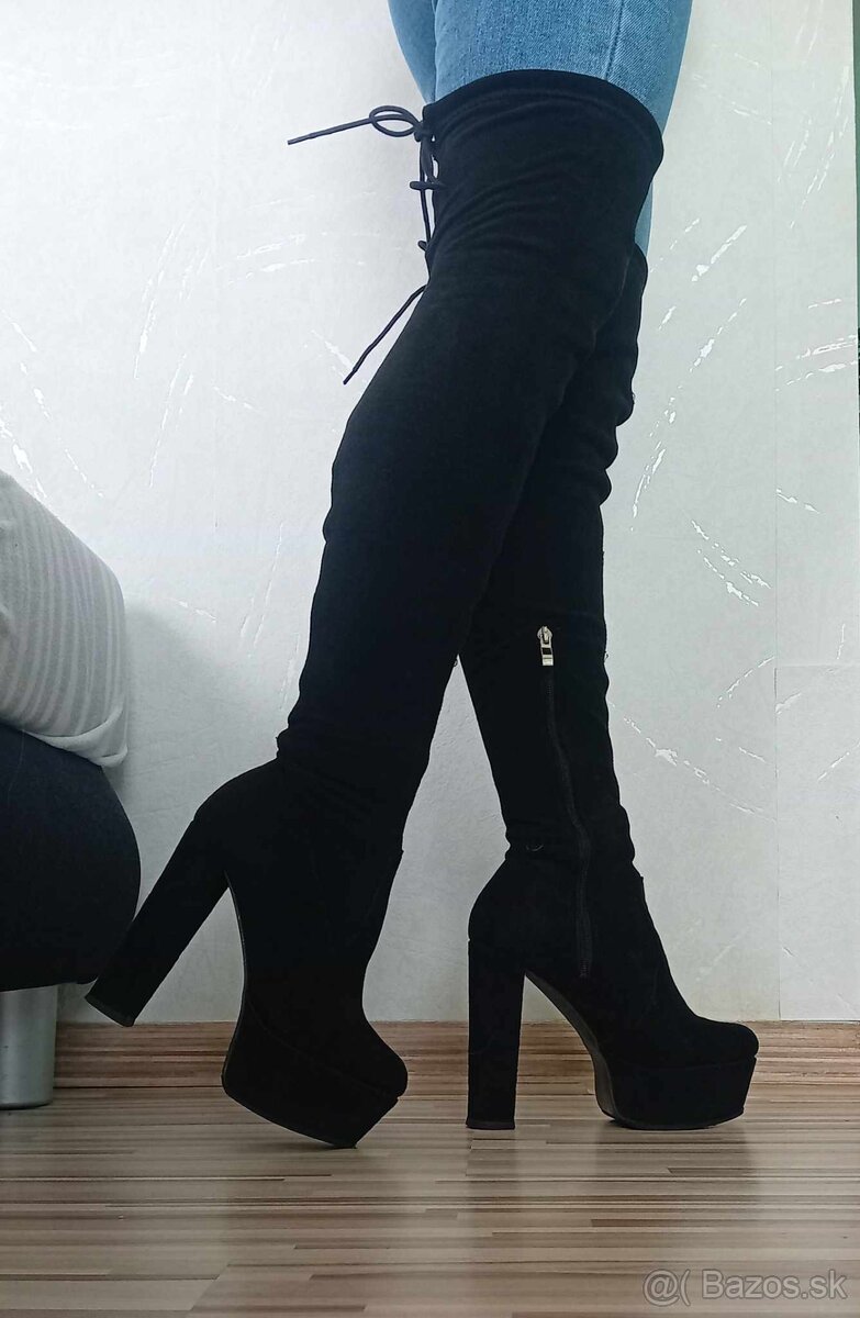 Dámske čierne semišové čižmy nad koleno - veľkosť 36 - 5