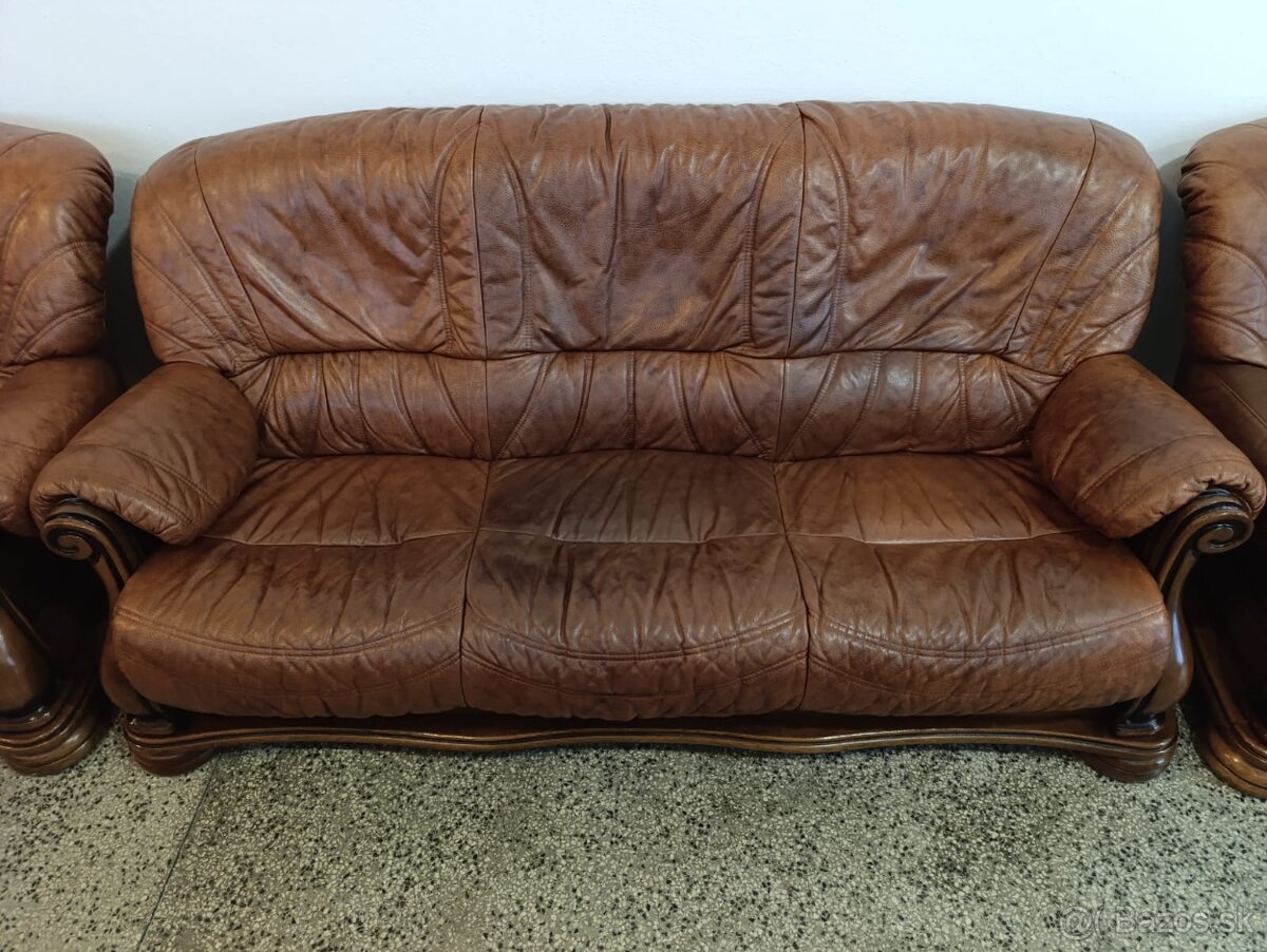 Kožená sedací souprava 3 + 2 + 1, nábytek z masívu - 5