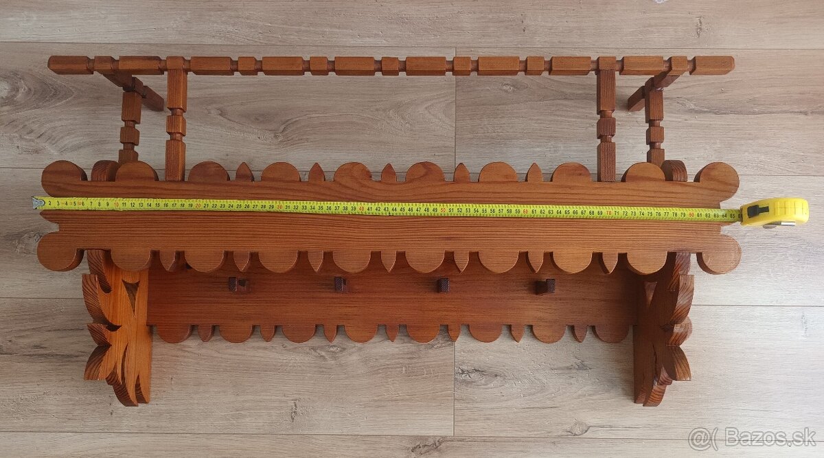 Starožitná drevená selská polica + pozdišovská keramika - 5