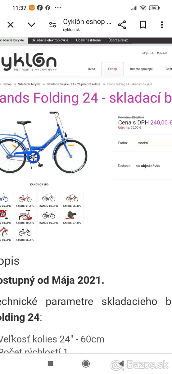 Predám skladací bicykel 24" kolesa. Zadná brzda kontra. Ser - 5