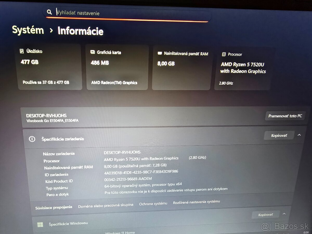 Asus Vivobook 15 model 2024 s 8gb ram 512gb ssd diskom a Ryz - 5