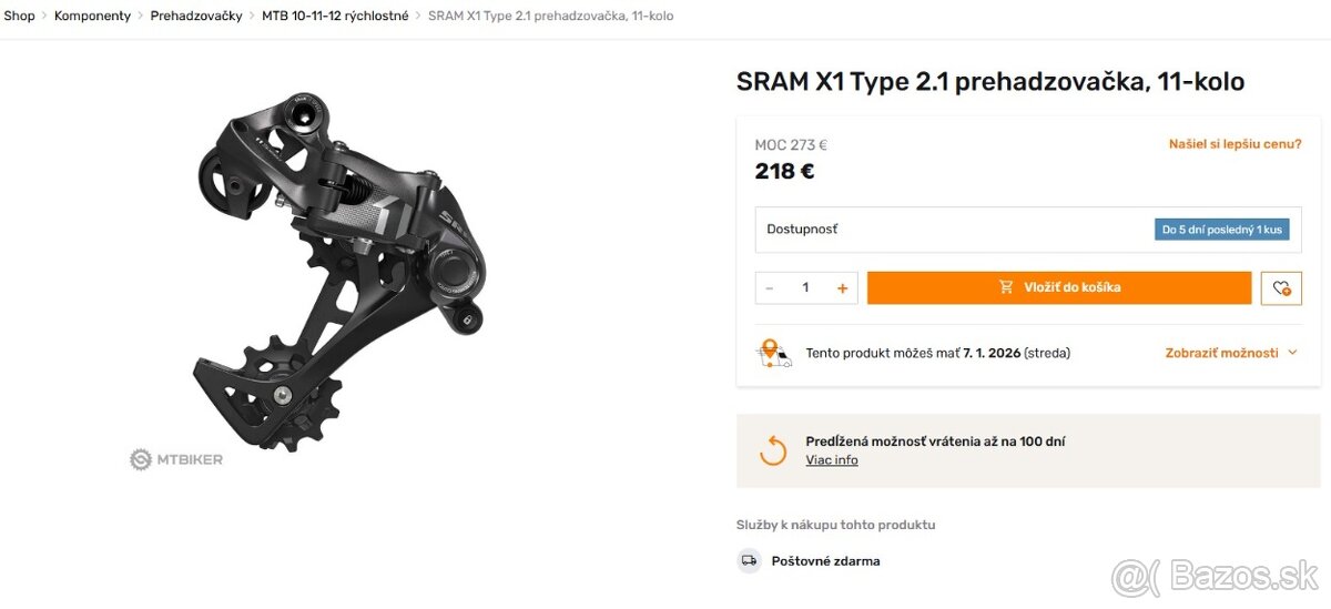SRAM X1 Type 2.1 prehadzovačka, nová - 5