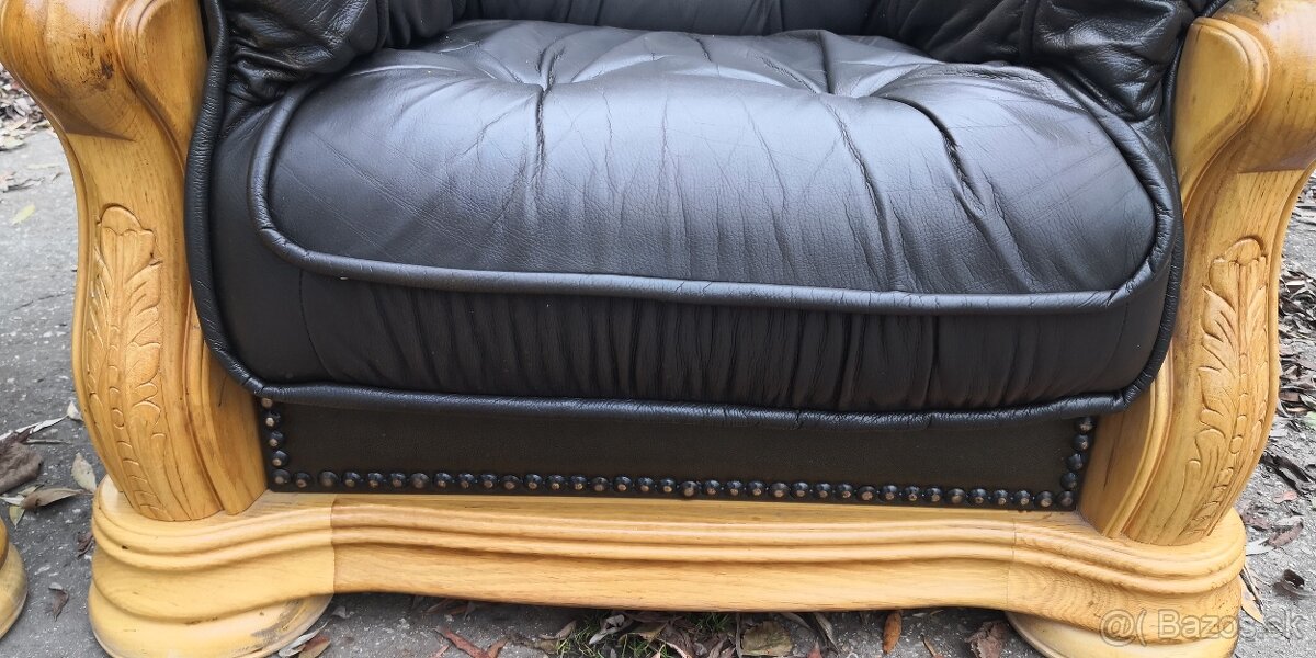 Kožená sedací souprava 3+1+1 s mas. dubovým dřevem TOP STAV - 5