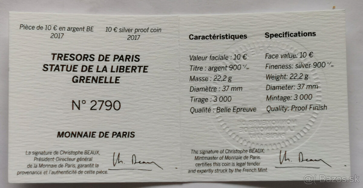 10 Euro stříbrná Socha svobody Francie 2017 - 5