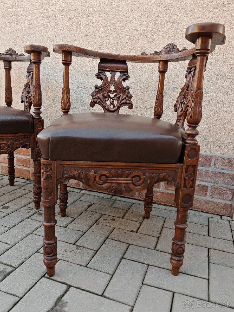 Starožitné rohové vyrezávané stoličky - 5