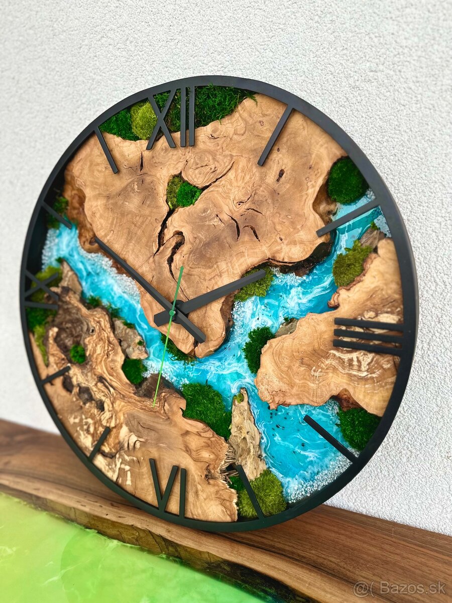 Machové hodiny s epoxidom a drevom 50cm Olivové epoxidové ho - 5