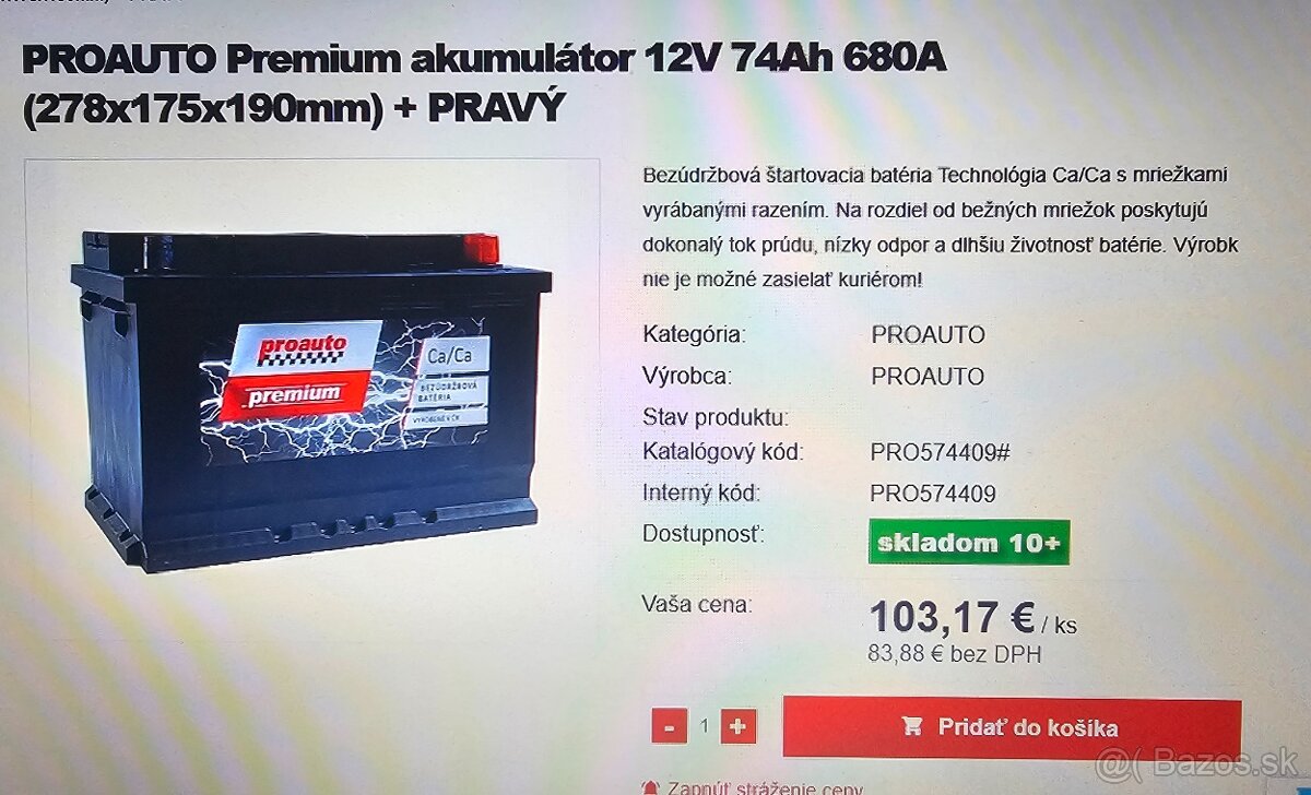 Predám NOVÚ auto batériu PROAUTO Premium 12V 74Ah 680A - 5