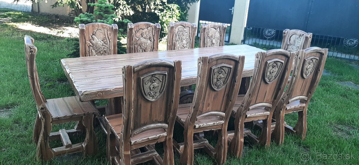 Drevený stôl Poľovnicke motivy 90×200cm+10stoliček - 5