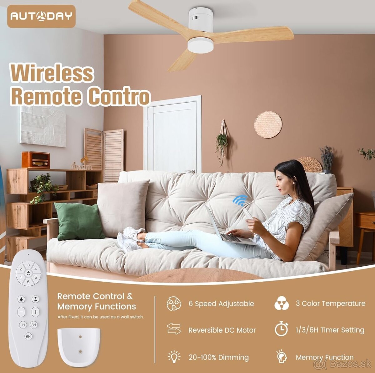 Stropný ventilátor biely s drevom 132 cm vrátane LED - 5