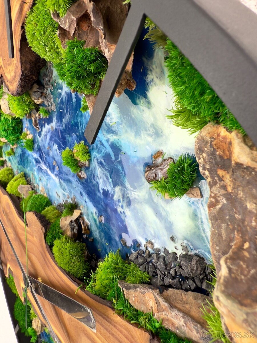 Machove hodiny 60cm , Drevene Hodiny s machom a epoxidom - 5