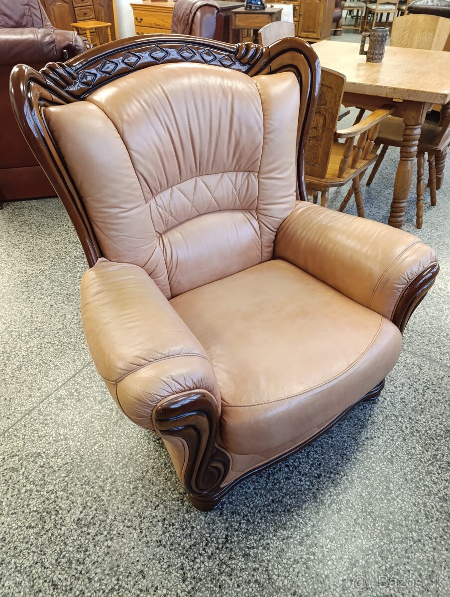 Rustikální kožené křeslo, masív, Nábytek s příběhem - 5