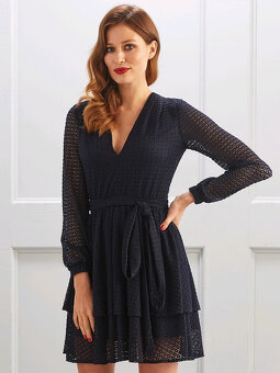 Sugarfree tmavomodré šaty XS - S, čipkované, s opaskom - 5