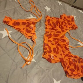 Oranžový komplet set sada leopardí vzor tangá top plavky - 5