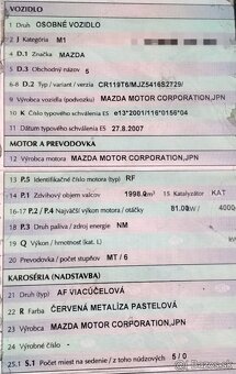 Mazda 5 2.0 Diesel 2007 predám MOTOR RF, DVERE, PREVODOVKA a - 5