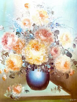 Starý obraz květin, olejomalba na plátně - 5