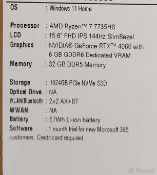 Acer Nitro V15 / AMD Ryzen 7 7735HS / GeForce RTX 4060 - 5