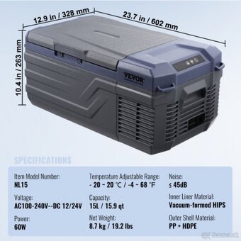 Kompresorová chladnička Vevor 15l 12V , 24V aj 230V - 5