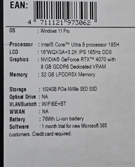 Acer PREDATOR Triton Neo 16 - Core9 185H/RTX 4070/32GB RAM - 5