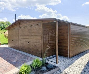 Plechová garáž s prístreškom, imitácia dreva, výklopná brána - 5