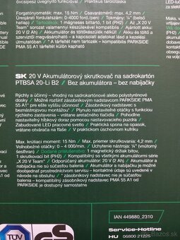 Predám aku skrutkovač na sadrokartón Parkside PTBSA 20-Li B2 - 5