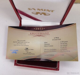 KRUGERRAND 2012 1/10oz Au 916/1000 PROOF - 5