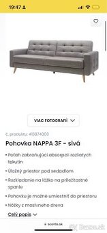 Sivá rozkladacia pohovka NAPPA 3F ako nová- PC 730 € - 5