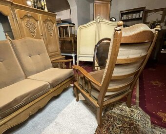 Vintage trojsed + 2ks kreslo, masiv, textilia, set - 5