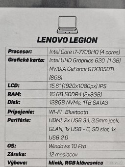 Predám herný notebook LENOVO LEGION Intel Core-i7 - 5