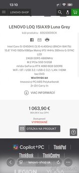 LENOVO LOQ 15IAX9 Luna Grey RTX4060 8GB/24GB RAM - 5