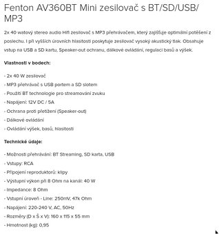 Audio systém Sony, Zosilňovač Fenton 40W 4-8ohm Bluetooth - 5
