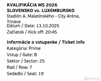 Slovensko - Luxembursko 4 Prime vstupenky - 5
